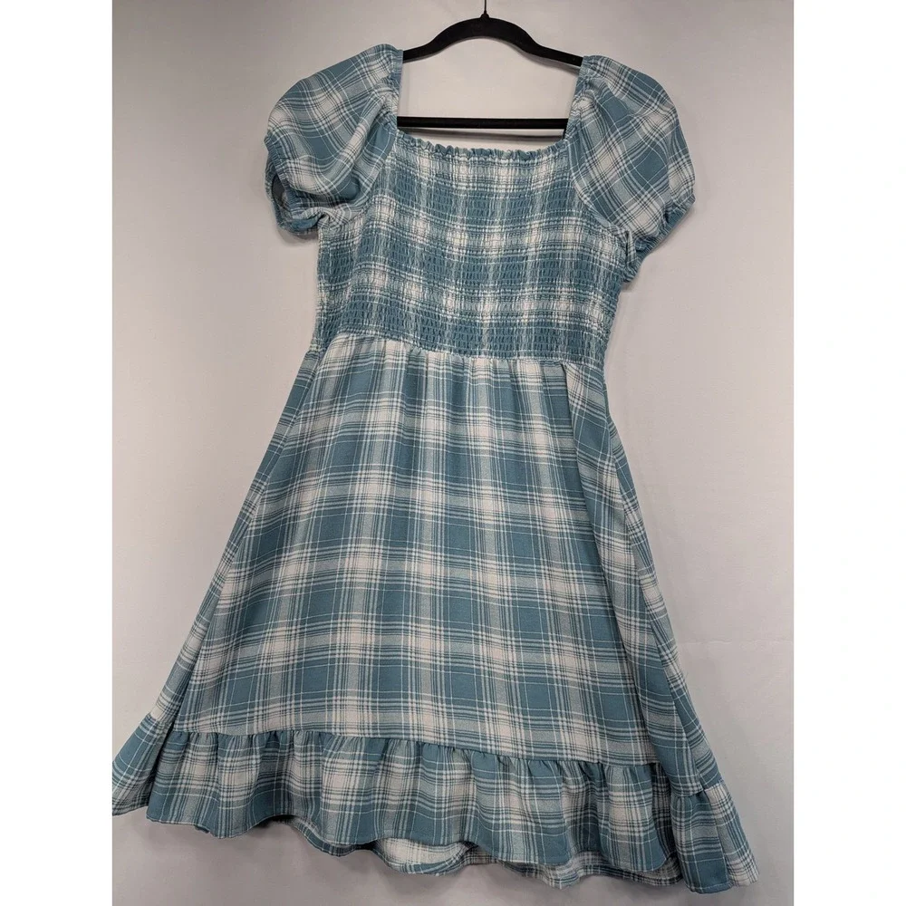 Wonder Nation Girls Plaid‎ Smocked Square Neck Ruffle Dress XL 14 16 Blue White